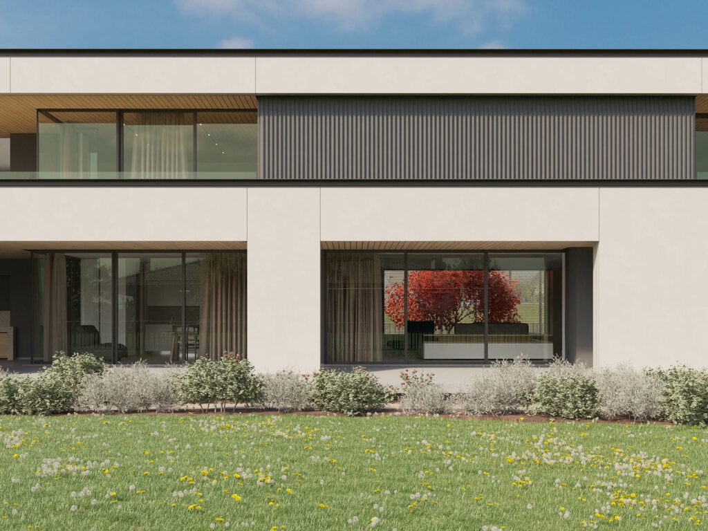 Facciata sud di una nuova villa contemporanea a Treviso