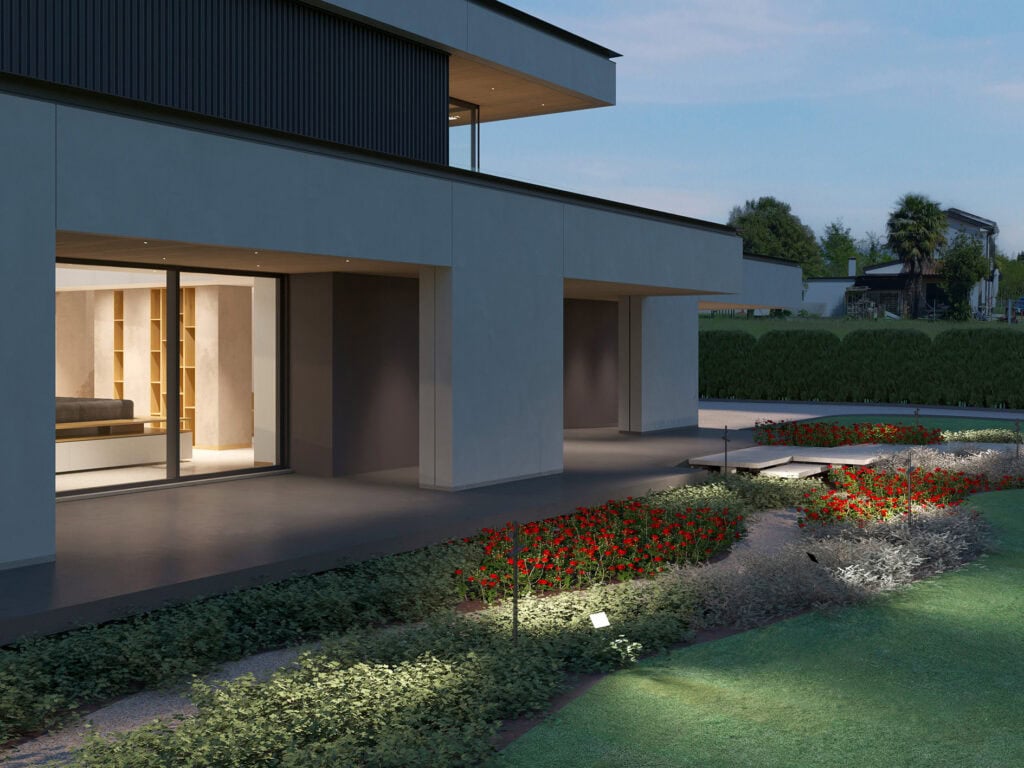 Render esterno serale dell'abitazione moderna a Treviso con portico in aggetto e grandi aperture sul giardino