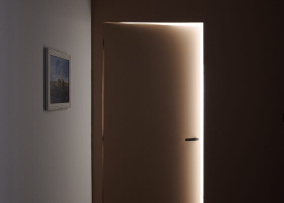 Porta moderna con illuminazione a LED integrata, design minimalista e ambientazione elegante.